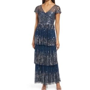 Pisarro night beaded navy tiered gown size 2 nwt
